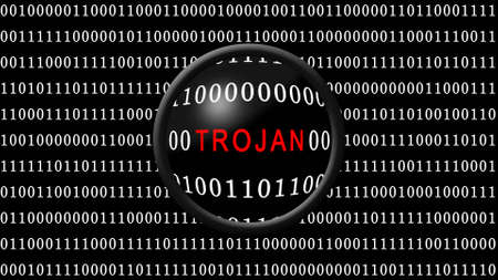 TROJAN red lettering shown in a magnifying lens in front of a black screen filled with white binary code - 3D illustrationの写真素材