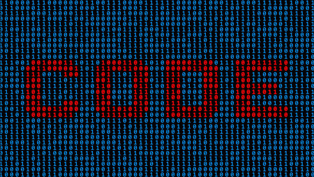 CODE - lettering in red shown as part of a binary code screen consisting of royal blue digits on...