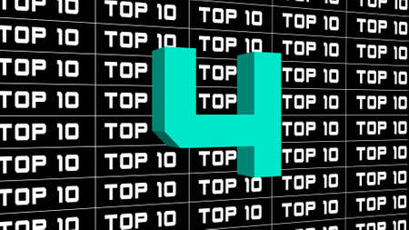 Abstract graphic 3D illustration - digits of the top 10 in changing colors - single shown number 4 - repeated TOP 10 lettering in white color arranged on black backgroundの写真素材