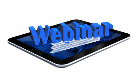 Webinar - lettering in blue shown over a tablet display - home office or schooling concept - isolated on white background - 3D illustrationの写真素材