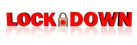 LOCK DOWN red lettering with closed padlock including virus sign