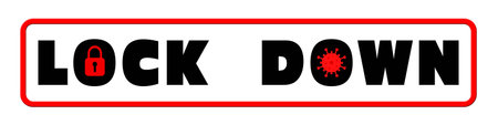 LOCK DOWN black lettering on white surface with closed padlock and virus symbol