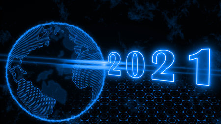 Year change 2021 - abstract 3d text illustration with year digits over light beam - glowing earth...