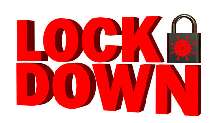 LOCK DOWN red lettering with black closed padlock including virus symbol