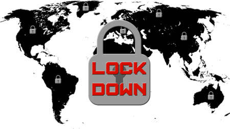 LOCK DOWN concept - red lettering on black world map background with symbolic closed padlocks - 3D illustrationの写真素材