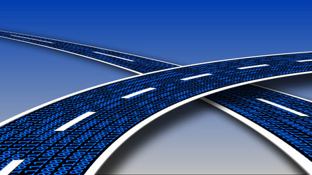 Digital data streaming on a highway - series of digits binary code in royal blue on blue background...