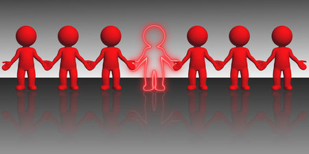 Miss you theme - line of red 3D people holding hands - one missing in the middle - reflections on...