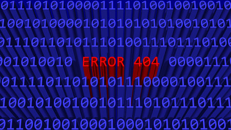 ERROR 404 - lettering in red shown as part of an abstract graphic binary code background built of...