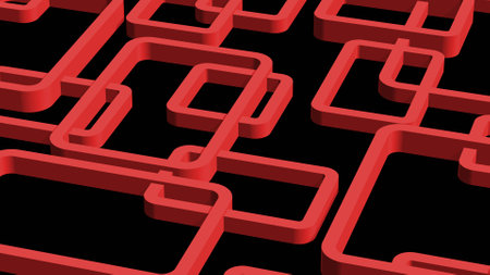 Modern design of graphic elements - red rectangle frames arranged in ornament structure on black background - 3D Illustrationの写真素材