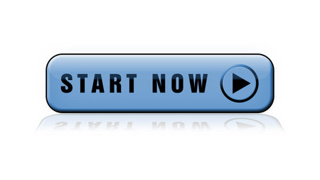 START NOW lettering - blue button with reflections on the floor - isolated on white background - 3D...