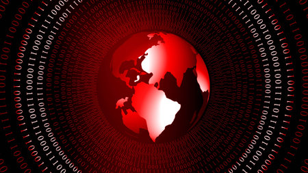 Abstract background with earth globe in red - rings of binary code arranged in cylinder shape -...
