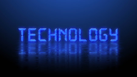 Reflection effects on a structured surface - blurred blue lettering TECHNOLOGY illuminated over the...