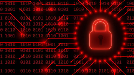 Padlock logo - abstract background in red of 4-digit binary code behind information connecting lines...
