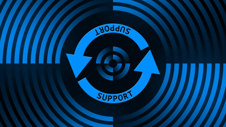 SUPPORT lettering on update sign in center of circular lines - graphic elements in blue on black...