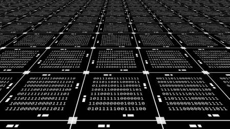 Abstract graphics technology background in white - blocks of binary code arranged as a square grid on black background - 3D Illustrationの写真素材