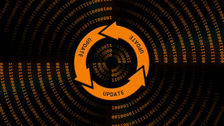 UPDATE lettering on update sign in center of binary code circles - graphic elements in orange on black background - Software Update Computer Program - 3D Illustrationの写真素材