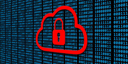 Data security concept - red closed padlock in a cloud over blue binary code on black background - 3D Illustrationの写真素材