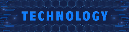 TECHNOLGIE - blue lettering as banner between information connecting lines and blurred honeycomb elements - Cyber technology and automation concept - 3D Illustrationの写真素材