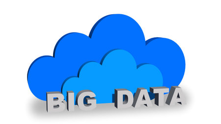 BIG DATA - gray lettering in front of blue clouds on white background - cloud computing and data storage concept - 3D Illustrationの写真素材