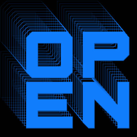 OPEN - blue lettering as square with repeating effect on black background - 3D Illustrationの写真素材