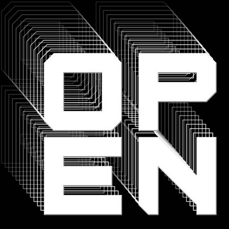 OPEN - white lettering as square with repeating effect on black background - 3D Illustration