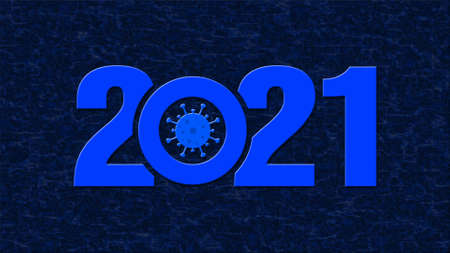 Year 2021 - blue digits isolated on structured dark background - virus sign within zero - 3D Illustrationの写真素材