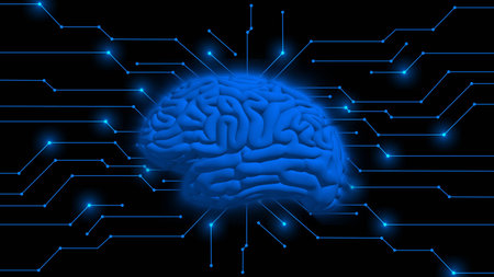 Human brain symbolic for AI Artificial Intelligence centered into information connecting lines -...