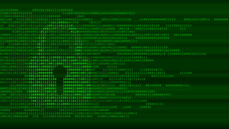 Safety information concept - lock guard sign in green on digital background with tapes of binary code in random assembly - 3D Illustrationの写真素材
