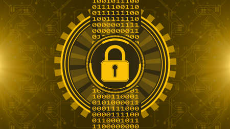Secure technology concept - padlock binary code hud - graphic elements in orange on blurred background as circuit board - 3D Illustrationの写真素材