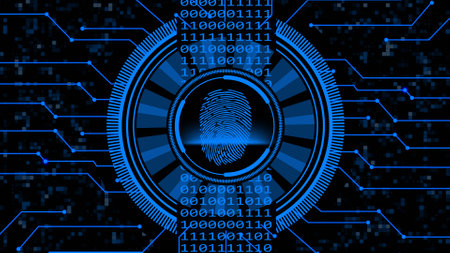 Secure technology concept - fingerprint binary code hud connecting lines - graphic elements in blue on dark dotted background - 3D Illustrationの写真素材