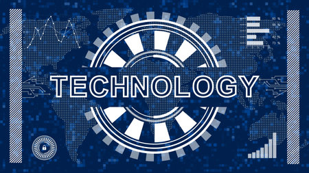 Abstract technology background with various graphic elements on blurred world map background - 3D...