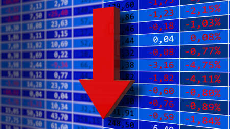 Stock exchange quotes background - stock market charts and market indicators on financial data view - red arrow for downward trend - 3D illustrationの写真素材
