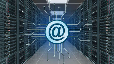 AT logo between information connecting lines - data server room as background - Internet technology concept - Software Computer Program - 3D illustrationの写真素材