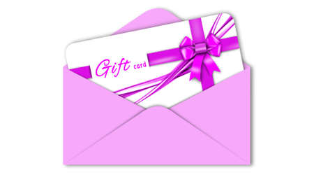 Gift card with pink ribbon bow in pink envelope isolated on white background with shadow minimal concept - 3D Illustrationの写真素材