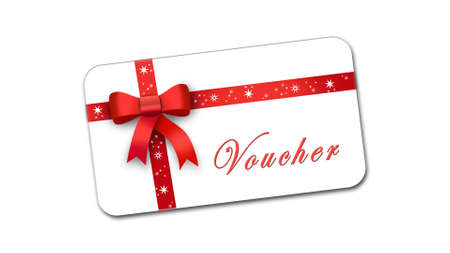 Voucher card in christmas design with red ribbon and bow isolated on white background with shadow minimal concept - 3D Illustrationの写真素材