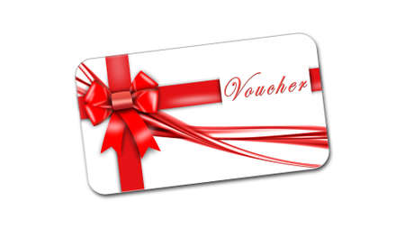 Voucher card with red ribbon and bow isolated on white background with shadow minimal concept - 3D Illustrationの写真素材