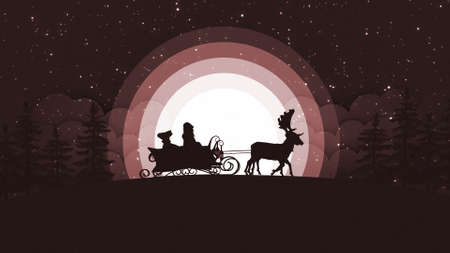 Christmas card with Santa Claus and reindeer in front of a big full moon - Winter sky with snowflakes and pine forest - 3D illustrationの写真素材