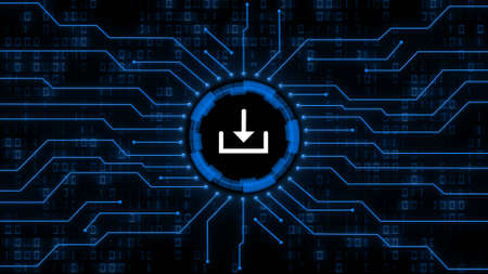 Download symbol centered into information connecting lines on blurred binary code background - data storage business technology network concept in blue color - 3D illustrationの写真素材