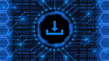 DOWNLOAD symbol - abstract background of 4-digit binary code behind information connecting lines between honeycomb elements - data storage business technology network concept - 3D illustrationの写真素材