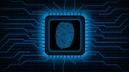 Fingerprint logo on chip sensor - abstract background in blue of blurred binary code behind information connecting lines - security scanning identification concept by biometric authorizationの写真素材