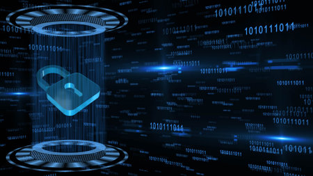 Abstract 3D graphic illustration on blue digital background - shining light beam in cylinder shape with floating padlock between circular HUD elements - security and information technology conceptの写真素材