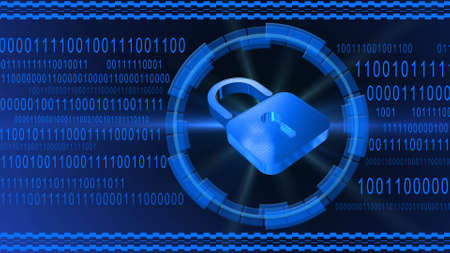 Padlock centered into HUD elements on binary code background - blue banner design - security and information technology concept - 3D illustrationの写真素材