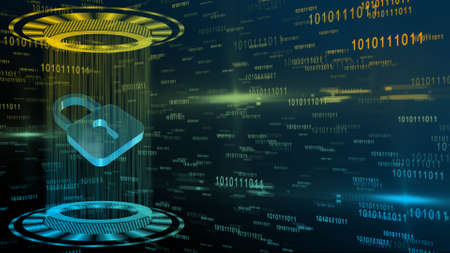 Abstract 3D graphic illustration on multicolor digital background, shining light beam in cylinder shape with floating padlock between circular HUD elements, security and information technology conceptの写真素材