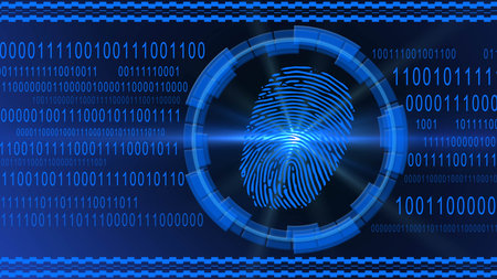 Fingerprint centered into HUD elements on binary code background - blue banner design - security...