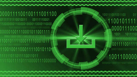 Download symbol centered into HUD elements on binary code background - green banner design - data internet technology network concept - 3D illustrationの写真素材