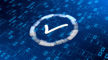 OK symbol on abstract binary code background divided with random square frame elements - quality control information technology concept - 3D illustrationの写真素材