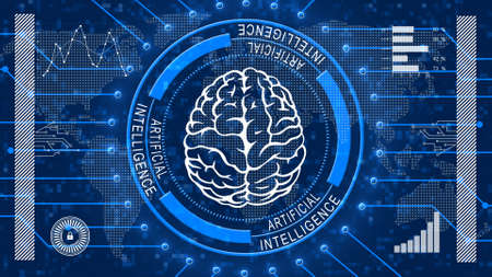 Brain symbol centered in artificial intelligence lettering on ring elements - symbolic of AI artificial intelligence - background of various graphic elements over blurred squares - 3D illustrationの写真素材