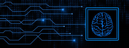 Brain symbol in frame with information connection lines on digital binary code background - symbolic...