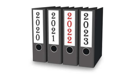 Year change 2022 - file folder in a row sorted by ascending year isolated on white background - 3D illustrationの写真素材