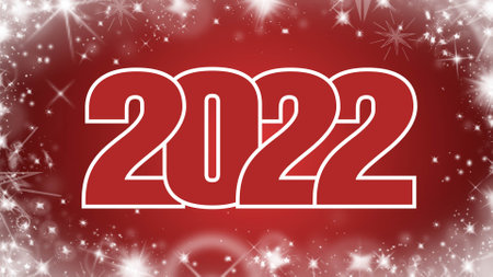 Year 2022 greeting card - year digits on red background framed with white snowflakes and ice stars - 3D illustrationの写真素材